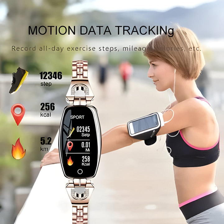 Women's waterproof smart fitness bracelet with HR & BP monitor. Stylish activity tracker.