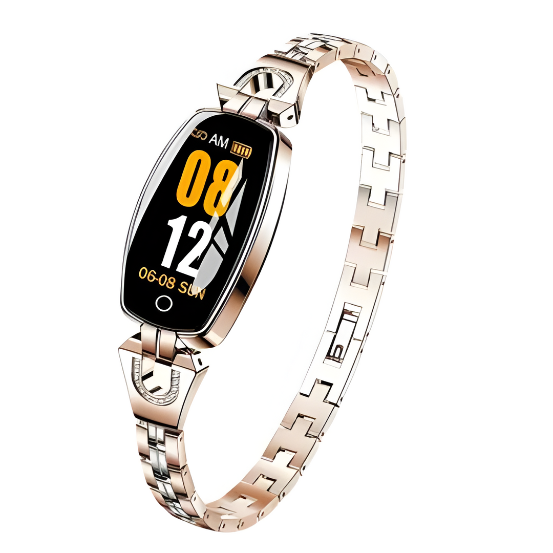Elegant women's waterproof smart fitness bracelet with HR & BP monitor. Stylish wearable tech.