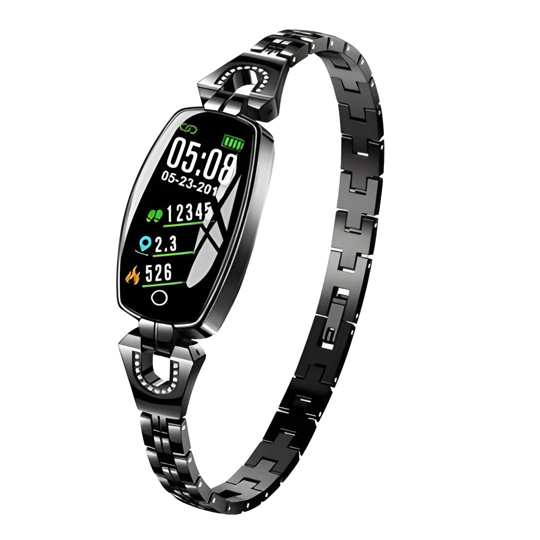 Women's activity tracker smart bracelet with heart rate & BP monitor. Waterproof fitness jewelry.