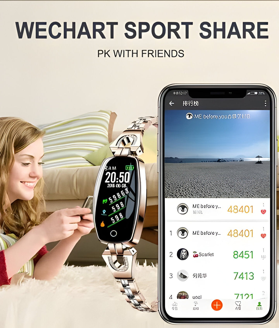 Health & wellness women's smart fitness bracelet, waterproof, HR & BP monitor, activity tracker.