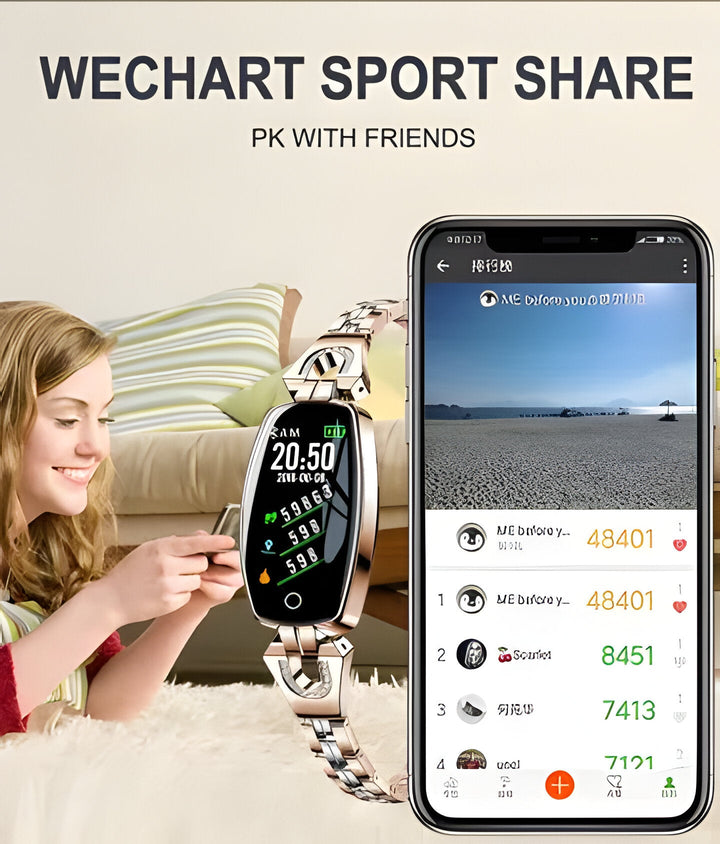 Health & wellness women's smart fitness bracelet, waterproof, HR & BP monitor, activity tracker.