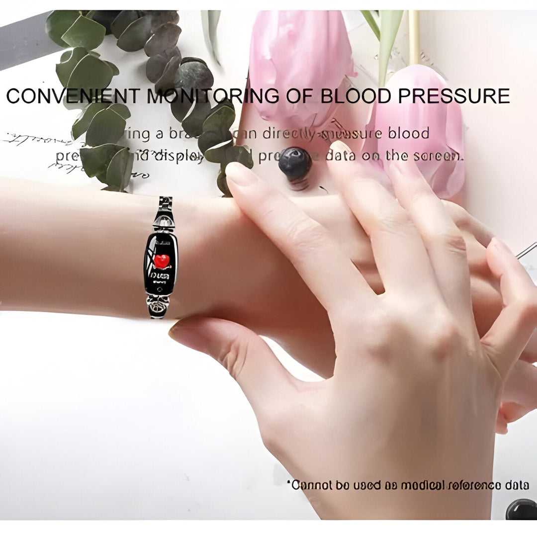 Women's waterproof smart fitness tracker bracelet. Monitors heart rate & blood pressure.