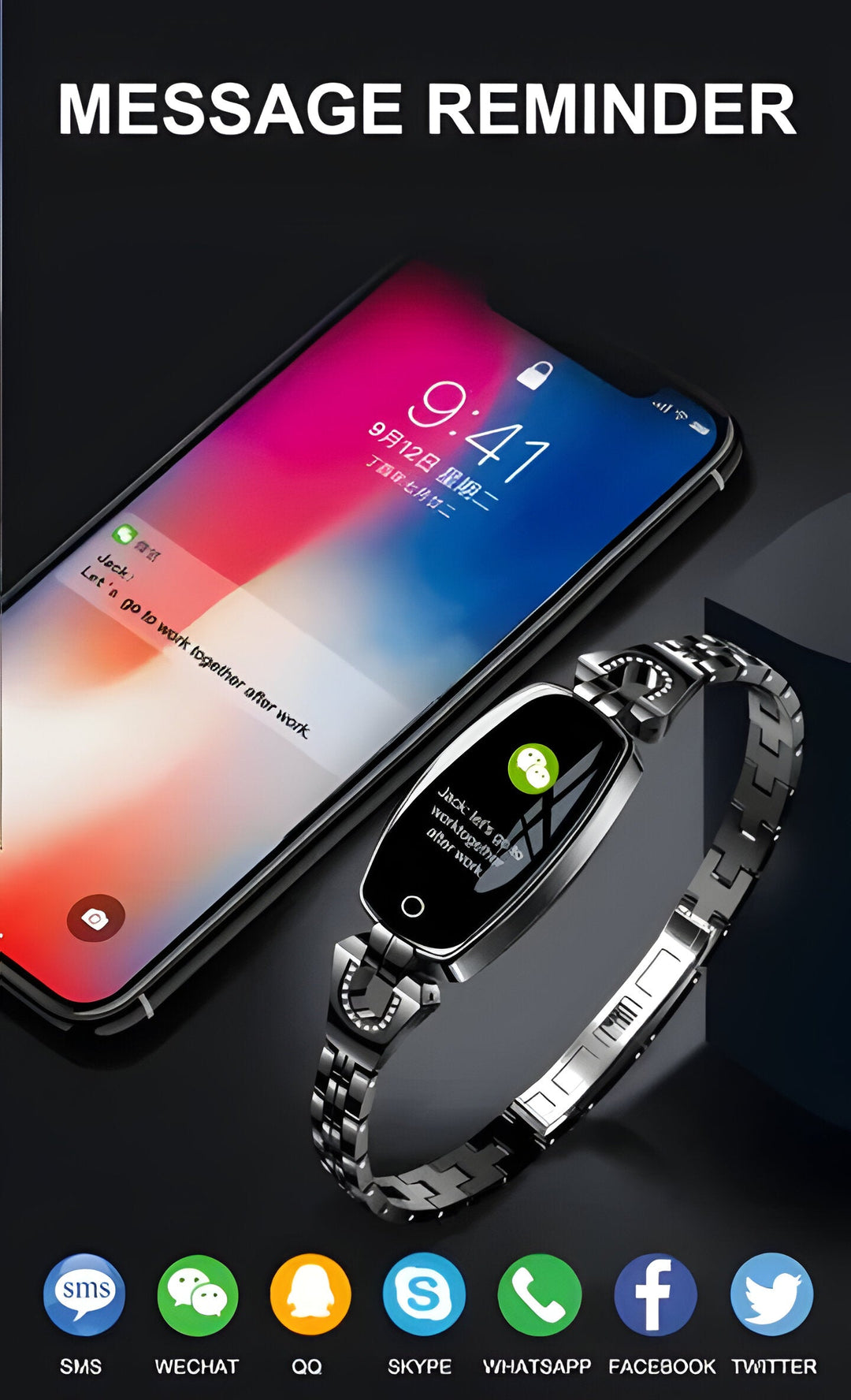 Track health with women's waterproof smart fitness bracelet. HR, BP monitor, activity tracker.