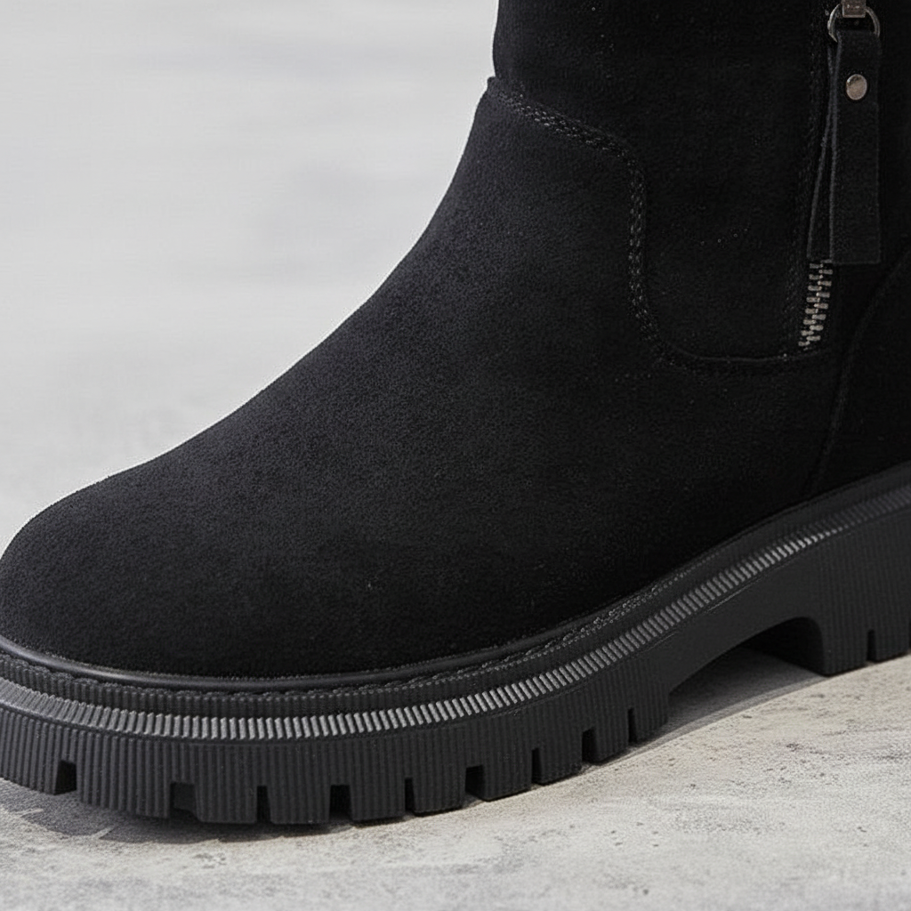 Close-up of women's anti-slip waterproof winter boots, Emily model, featuring cozy plush lining and suede