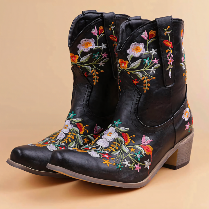 Unique vintage cowgirl boots with intricate embroidery, waterproof for women's outdoor fashion.