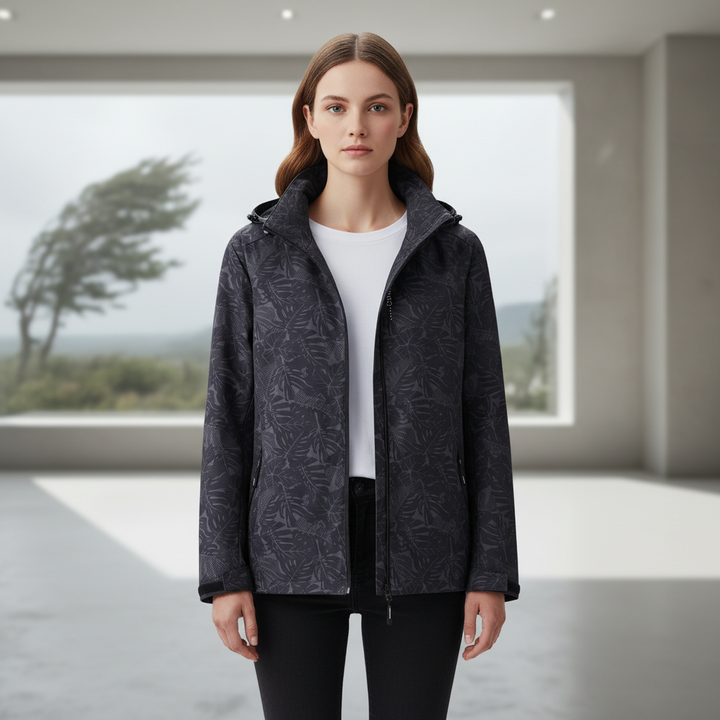 Women's weatherproof outdoor jacket with hood in black for winter sports
