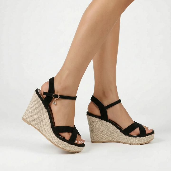 Chic women's wedge sandals, perfect summer shoes with comfortable heels & a stylish woven design for vacation.