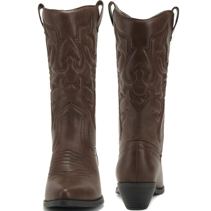 Women's Western pointed toe knee-high cowboy boots in dark brown leather, stylish fashion footwear