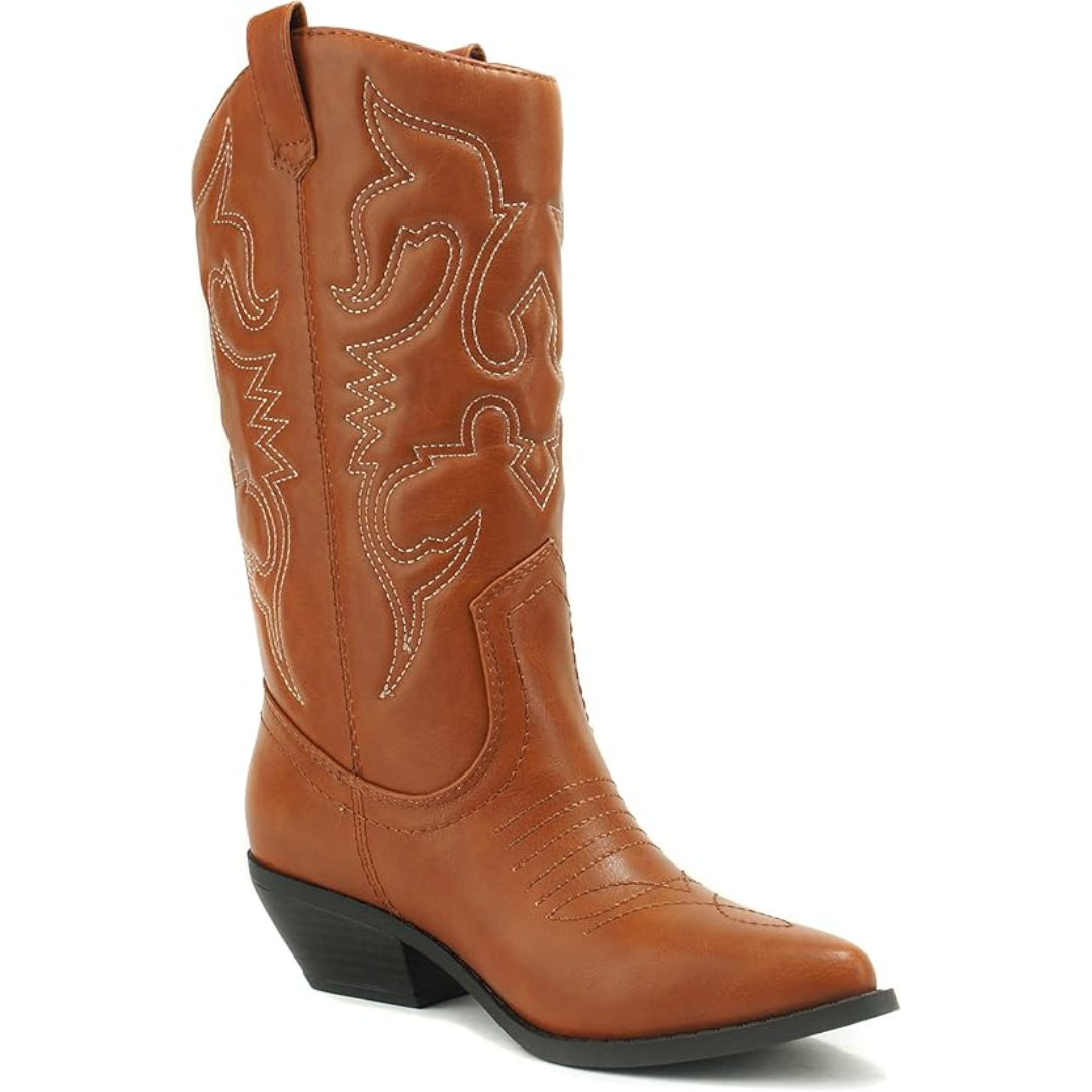 Close-up of the elegant pointed toe of women's Western knee-high boots, showcasing quality design