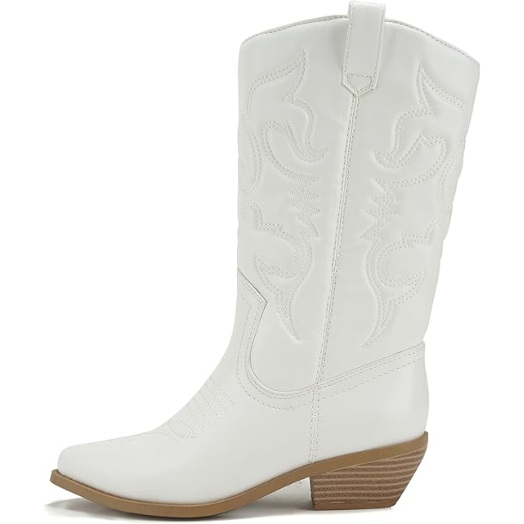 Side profile of women's knee-high Western boots, featuring classic cowboy boot stitching and heel