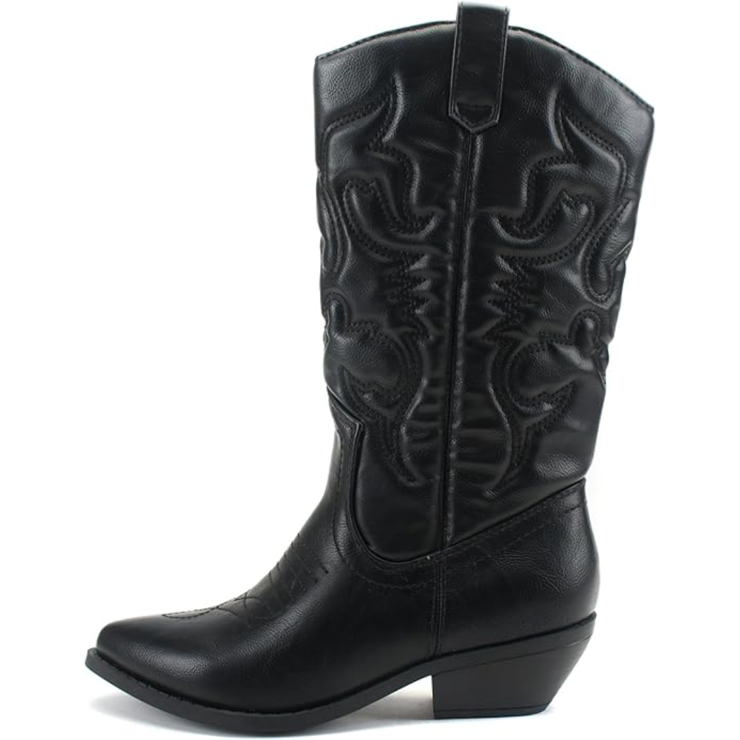 Pair of women's trendy Western cowboy boots, knee-high with a sleek pointed toe, ready for casual wear