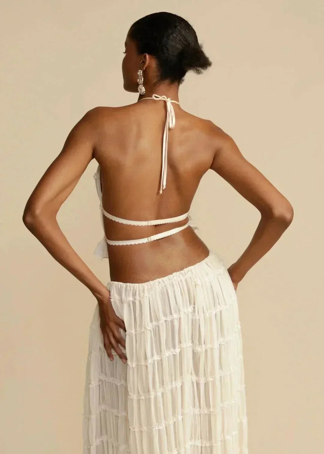 Alina women's white boho off-shoulder crop top and maxi skirt set, ideal for festival fashion