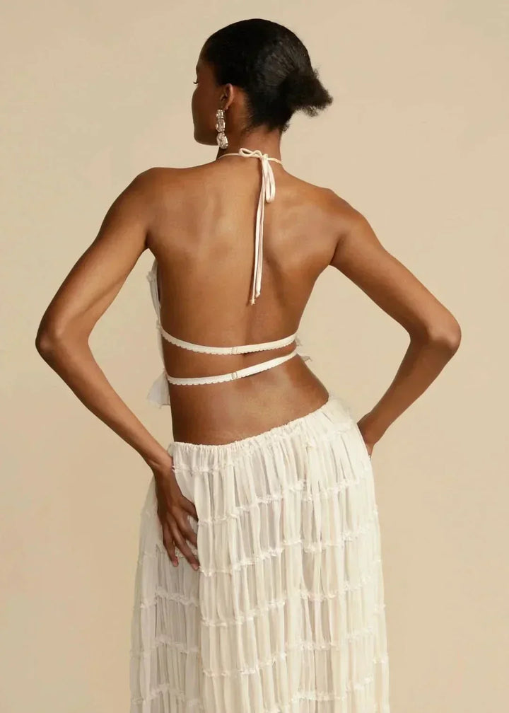 Alina women's white boho off-shoulder crop top and maxi skirt set, ideal for festival fashion
