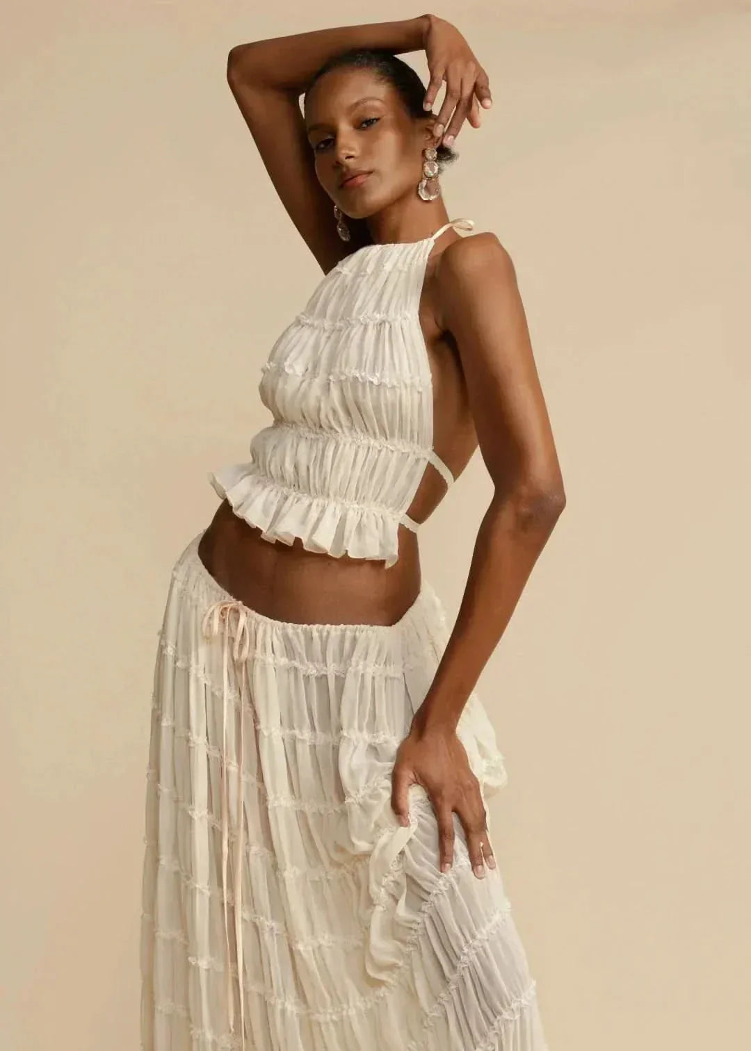 White off-shoulder crop top and maxi skirt summer outfit for women, comfortable beachwear set