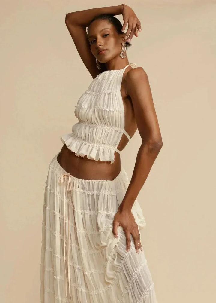 White off-shoulder crop top and maxi skirt summer outfit for women, comfortable beachwear set