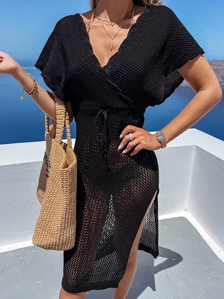 Boho-style women's crochet cover-up beach dress with adjustable waist tie