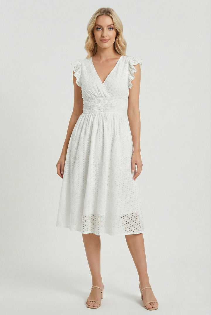 Women's white eyelet midi dress with ruffled sleeves, perfect for summer casual wear.