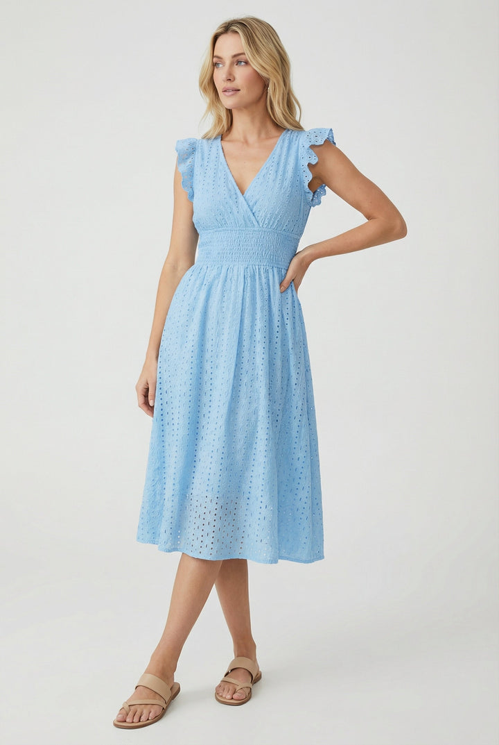 Charming women's eyelet midi dress with delicate ruffled sleeves & smocked waist detail.