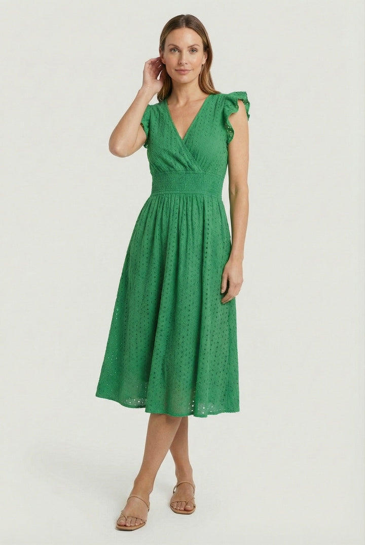 Feminine eyelet midi dress, women's flared style, with stylish ruffled sleeves for vacation.