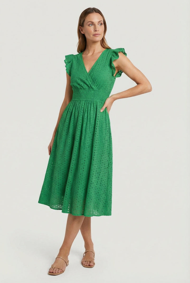 Relaxed fit women's eyelet midi dress with elegant ruffled sleeves, ideal for warm days.