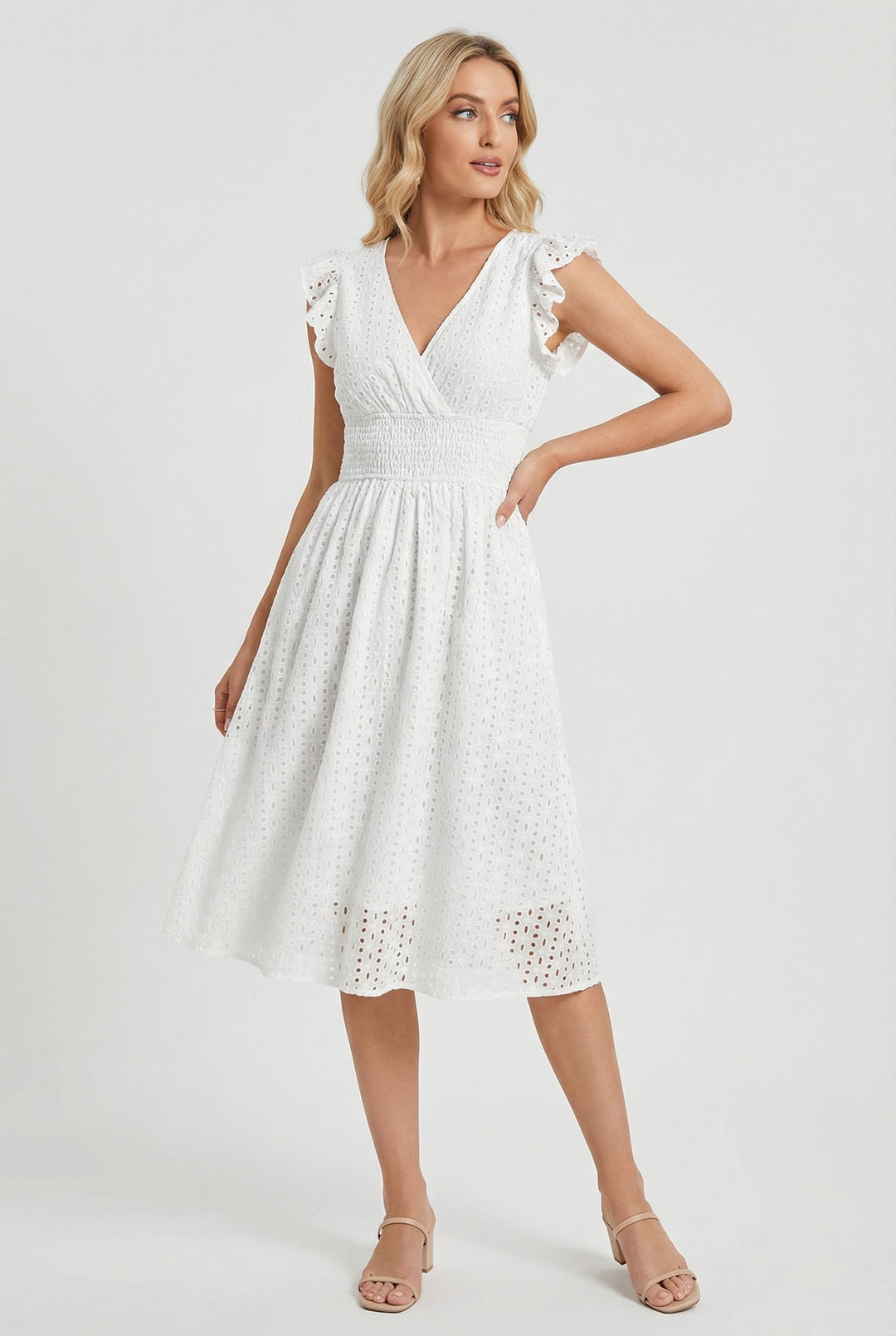 Flared eyelet midi dress for women, featuring elegant ruffled sleeves & smocked waist.