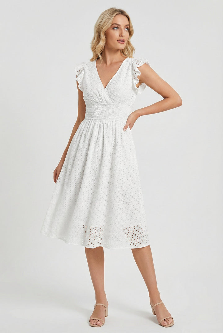 Flared eyelet midi dress for women, featuring elegant ruffled sleeves & smocked waist.