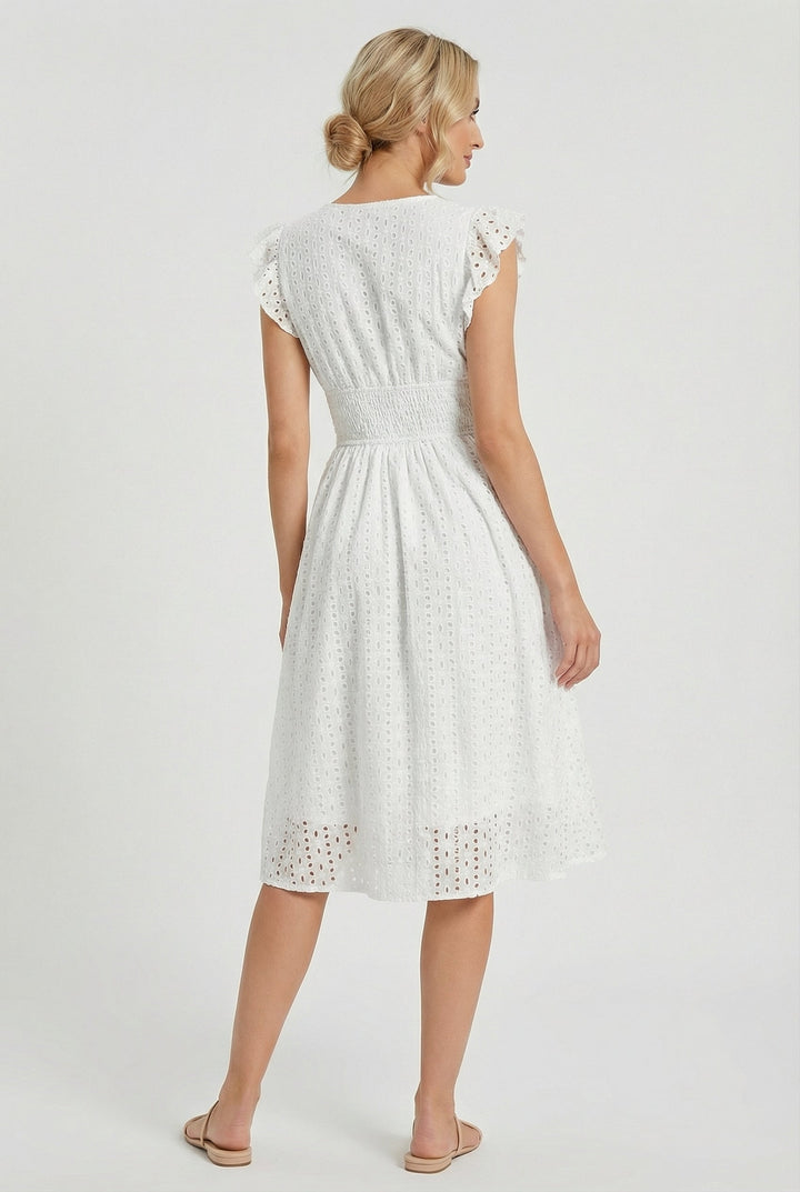 Stylish women's summer midi dress, white eyelet fabric with feminine ruffled sleeves.