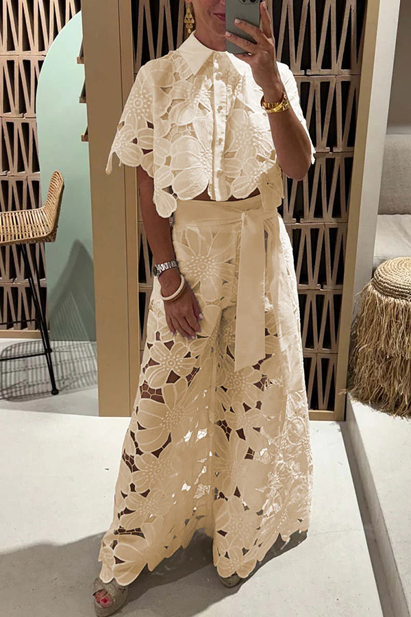 Women's white eyelet ruffle sleeve two-piece set. Breezy summer outfit for brunch or garden parties. Casual chic style.