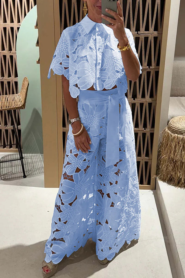 Stylish women's eyelet two-piece set with fluttery ruffle sleeves. Perfect breezy summer outfit for brunches & parties.