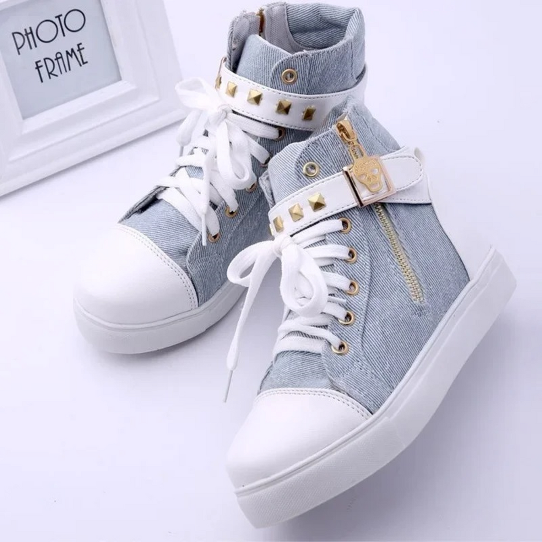 White women's athletic high-top sneakers with practical zipper for easy wear, merging style & comfort.