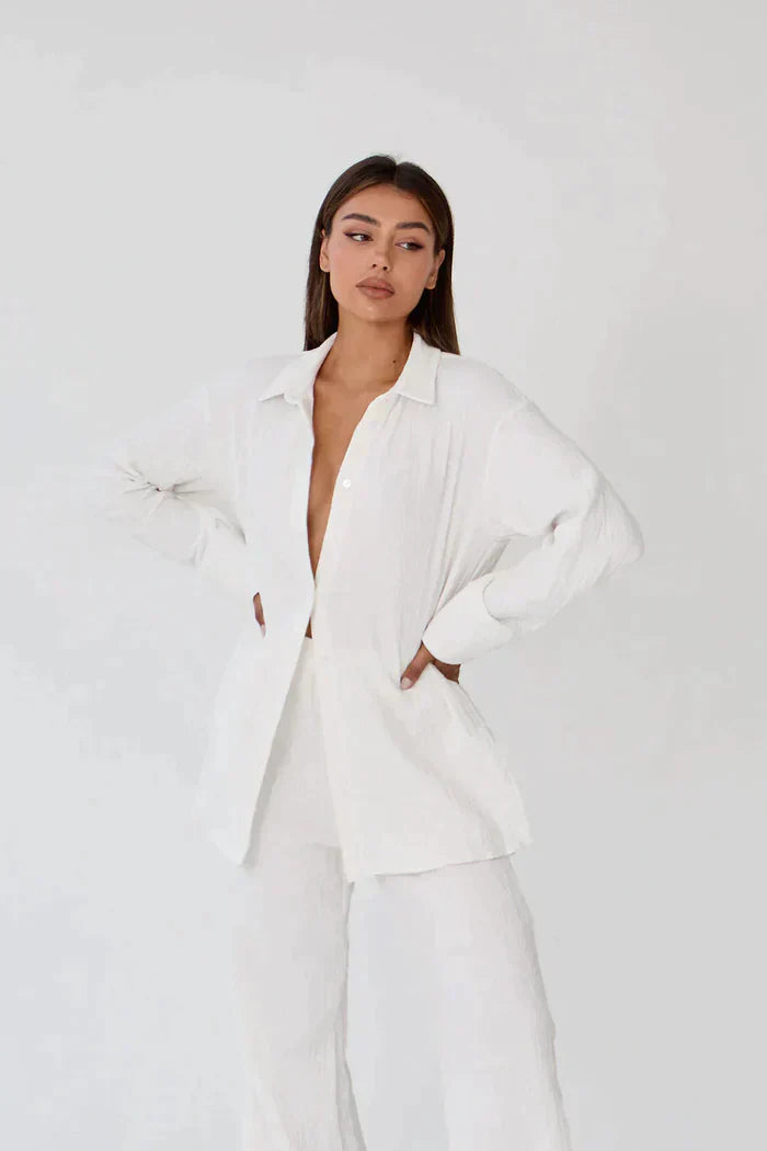 Women's white linen blend two-piece set, Geneve, perfect for a chic summer outfit.