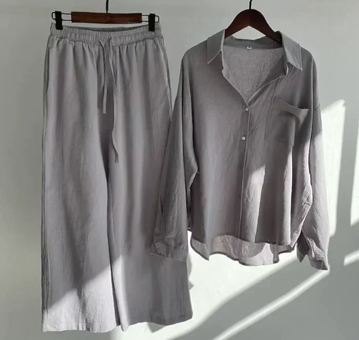 On-trend Geneve women's lightweight linen blend two-piece set, great for resort and casual wear.