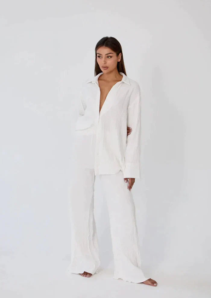 Casual women's Geneve ivory linen matching set, ideal loungewear and comfortable resort wear.