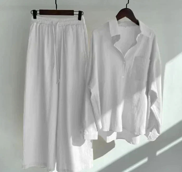 Lightweight women's two-piece linen blend summer outfit in Geneve style, perfect for spring.