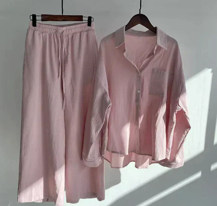 Stylish women's Geneve linen matching set, ideal for warm weather and comfortable wear.