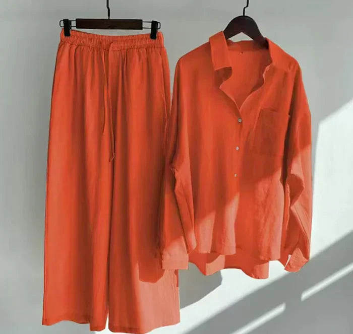 A versatile Geneve linen blend two-piece women's outfit, perfect for a casual summer look.