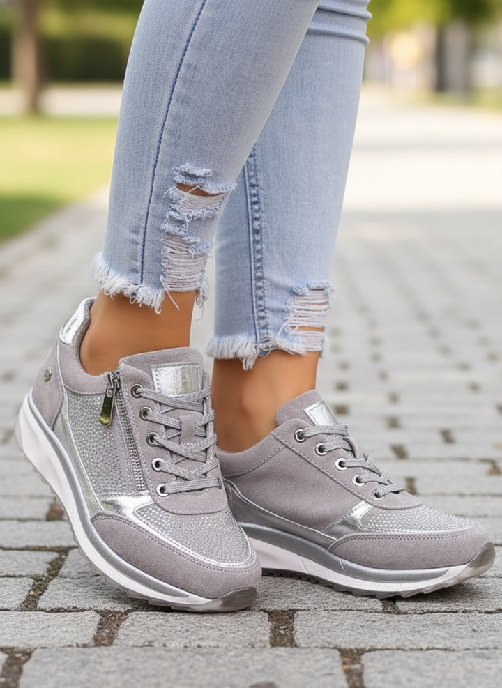 Women's white orthopedic sneakers with arch support, comfortable walking shoes