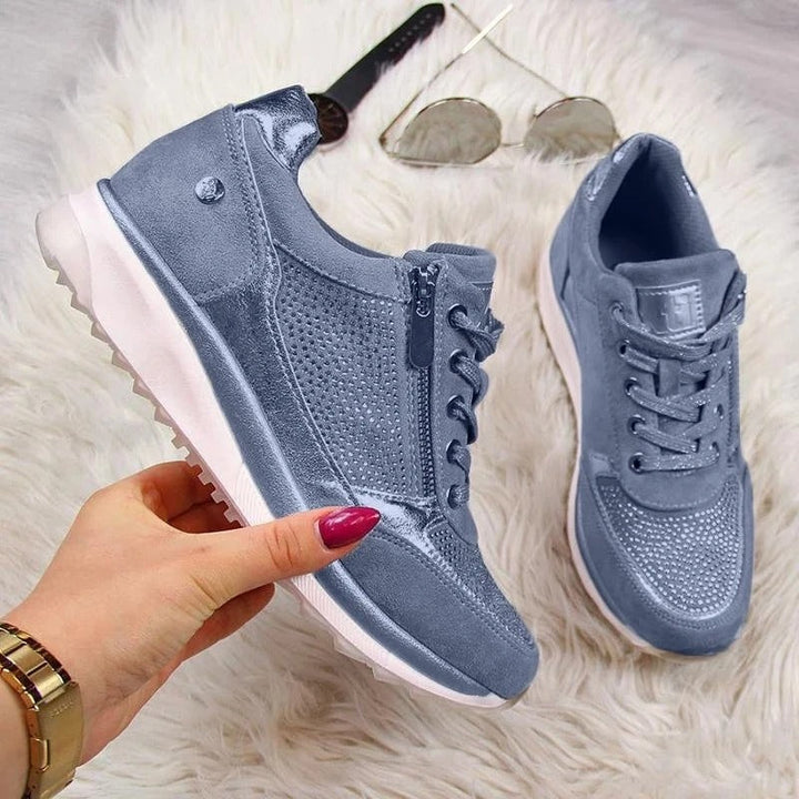 Overhead shot of women's orthopedic sneakers showcasing their stylish and supportive design