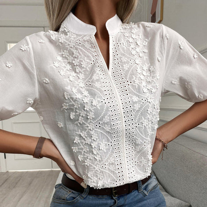 Stylish white relaxed blouse for women, Serena design. Perfect versatile top for casual elegance & everyday wear.