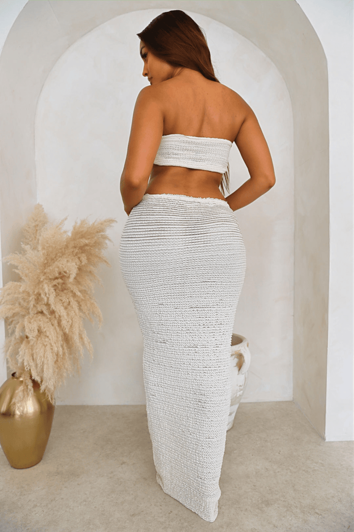 Leona two-piece white summer outfit: women's wrap crop top and elegant V-waist skirt, fashion set