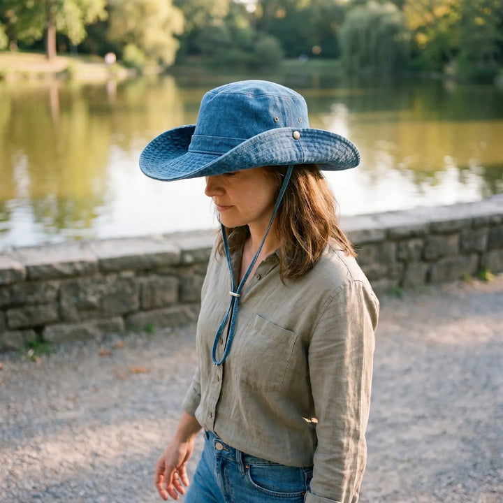Women's wide brim sun bucket hat, perfect for summer. Stylish UV protection, ideal for beach, travel, and outdoor adventures.