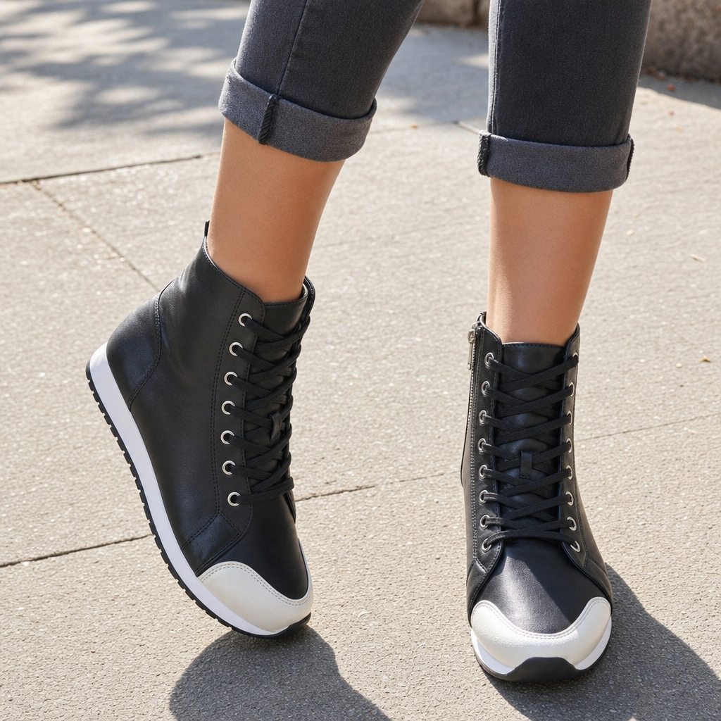 Comfortable women's wide fit walking sneakers with orthopedic support & lace-up design for daily wear.