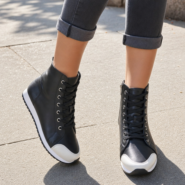 Comfortable women's wide fit walking sneakers with orthopedic support & lace-up design for daily wear.