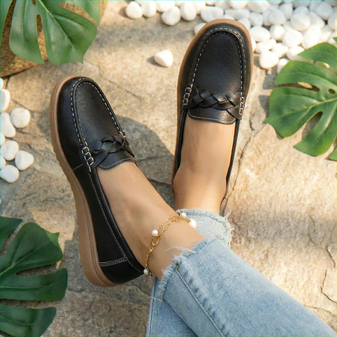 Fashionable wide fit women's walking loafers with orthopedic arch support.