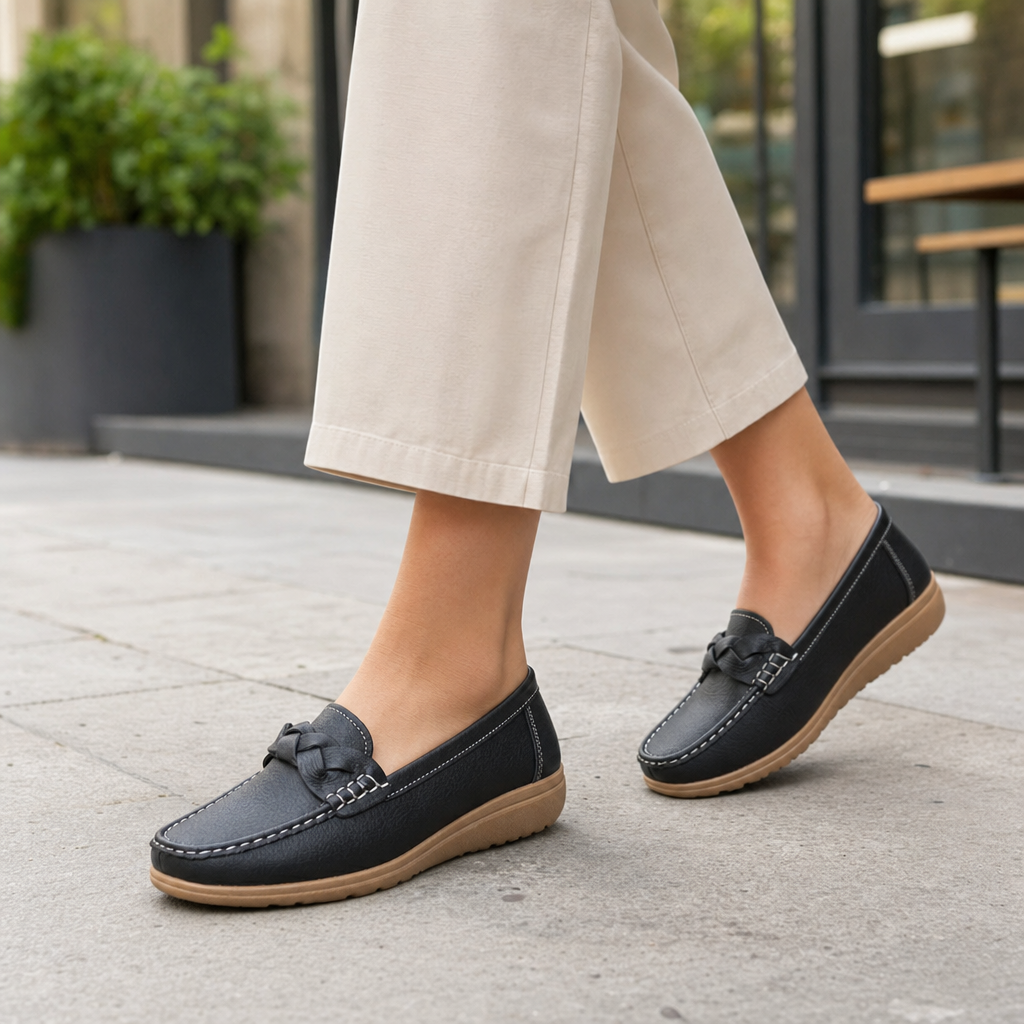 Slip-on wide fit women's loafers offering orthopedic arch support for foot health.