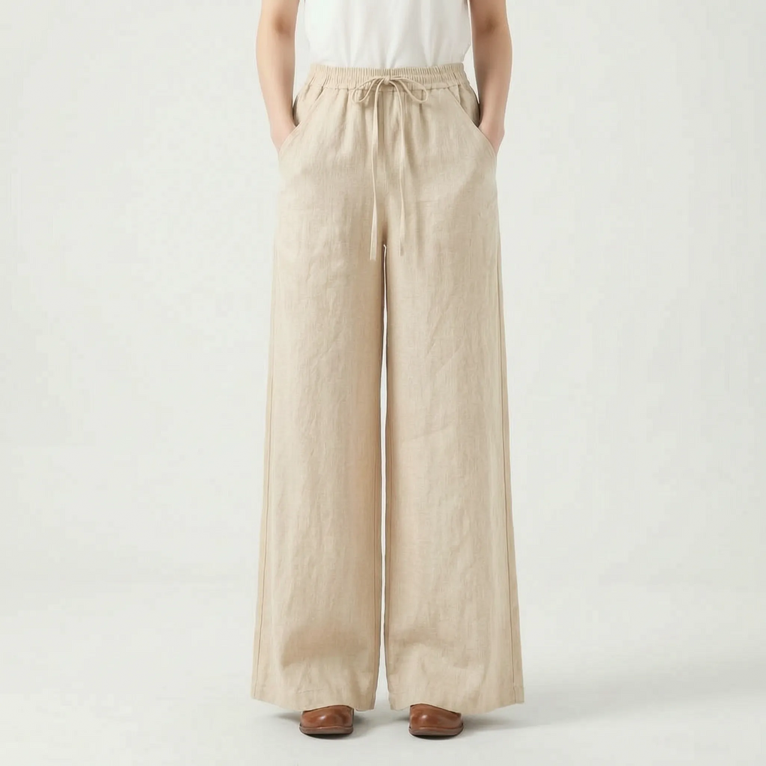 Effortlessly comfortable women's wide-leg trousers, featuring an elastic waist and relaxed fit for casual wear.