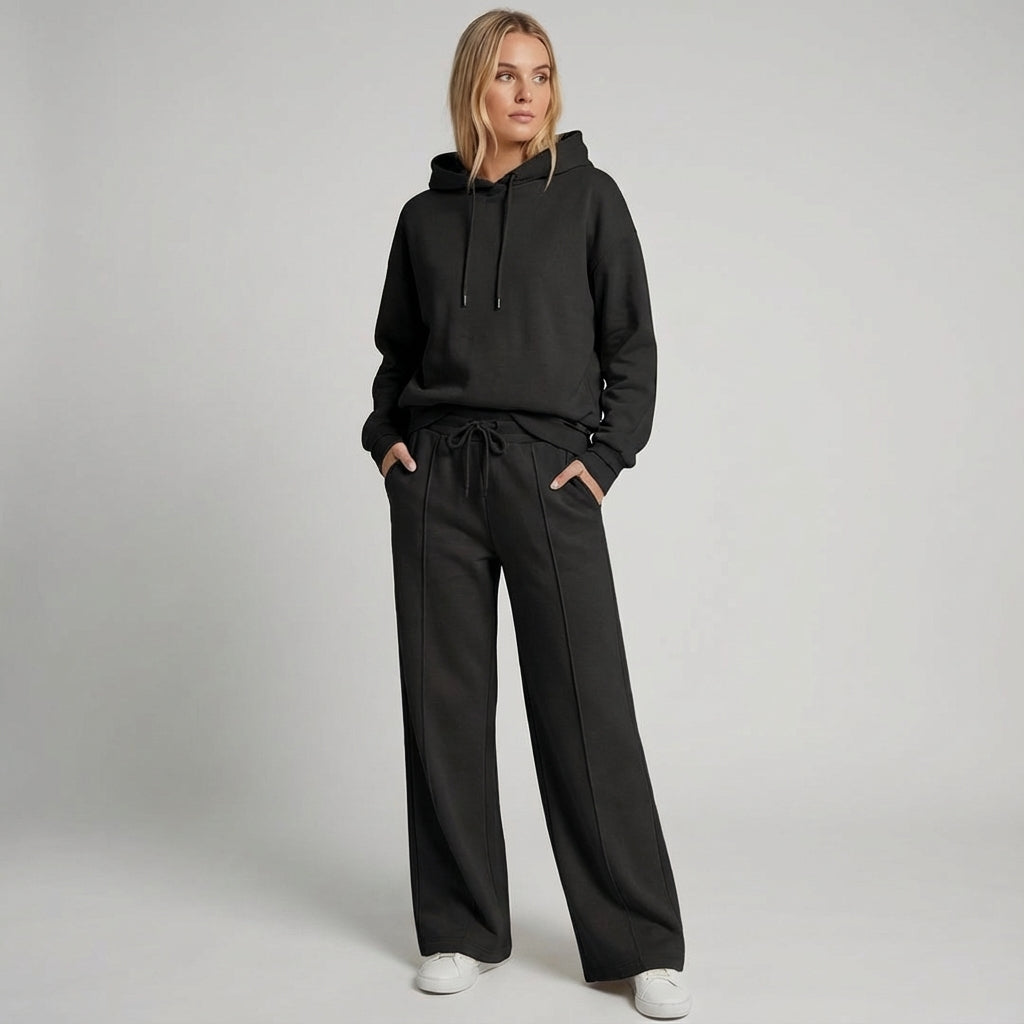 Fashionable women's apparel: a wide leg jogger and pullover hoodie lounge set