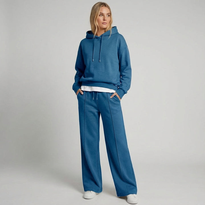 Cozy women's two-piece set featuring wide leg joggers and a long-sleeve hoodie