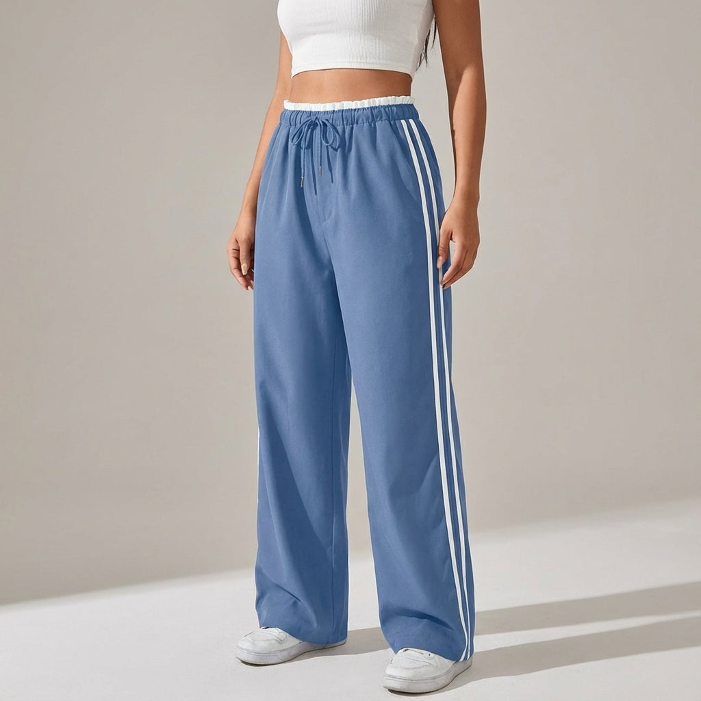 Eloise women's wide leg joggers with athletic side stripes, comfortable elastic waist pants