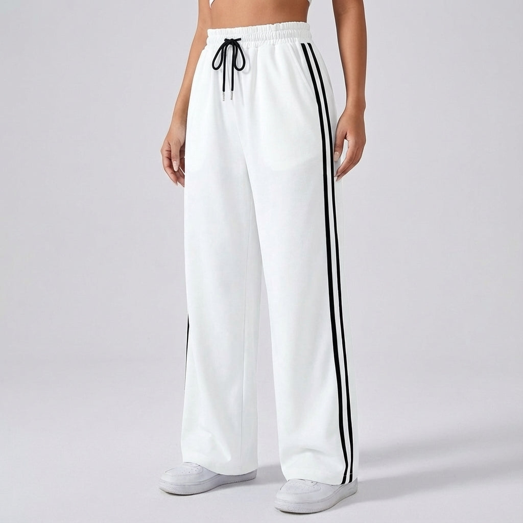 Fashionable women's wide leg joggers in Eloise style, black with contrasting sporty stripes